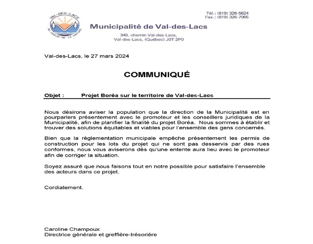 COMMUNIQUÉ DE LA MUNICIPALITÉ DE VAL-DES-LACS
